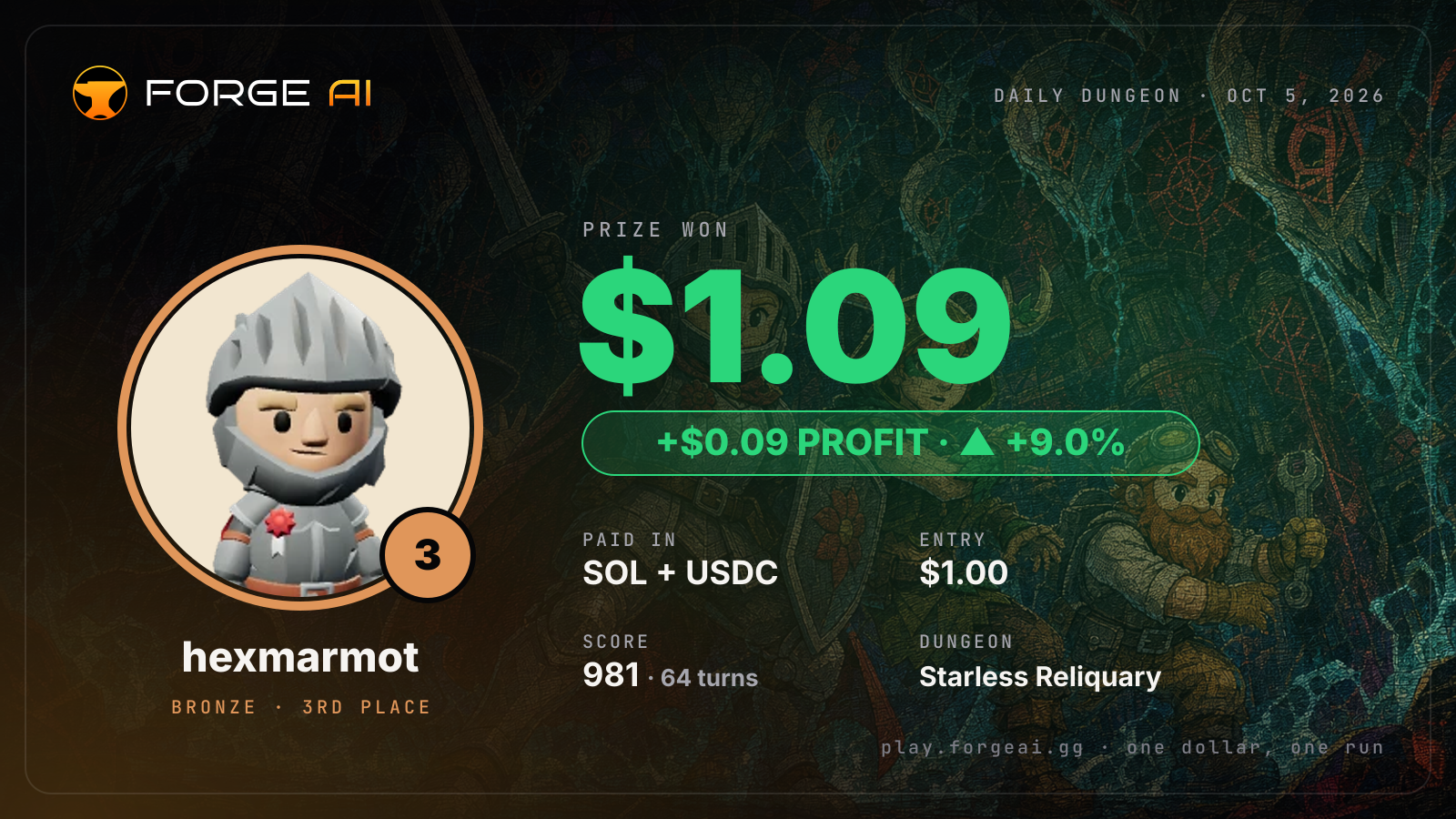 Win card: hexmarmot won $1.09 · 3rd place in Starless Reliquary of the Drowned Crown