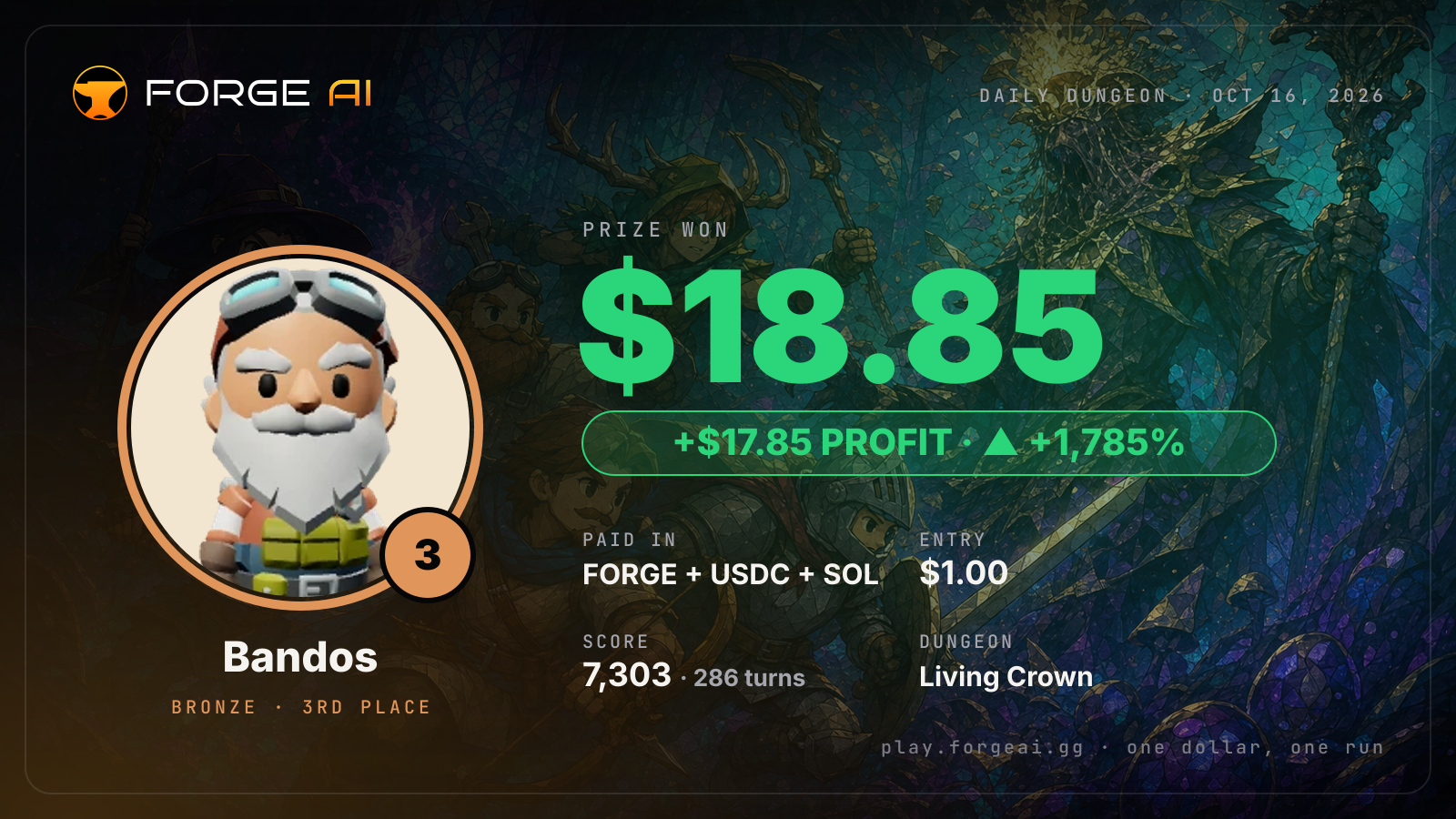 Win card: Bandos won $18.85 · 3rd place in Living Crown of the Lichen King