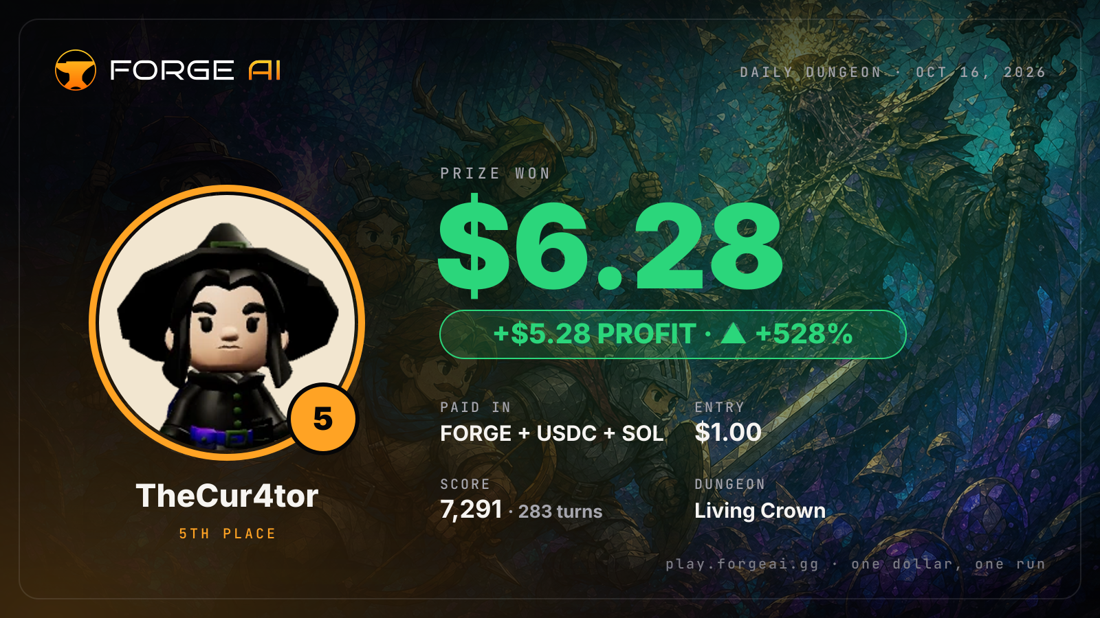 Win card: TheCur4tor won $6.28 · 5th place in Living Crown of the Lichen King
