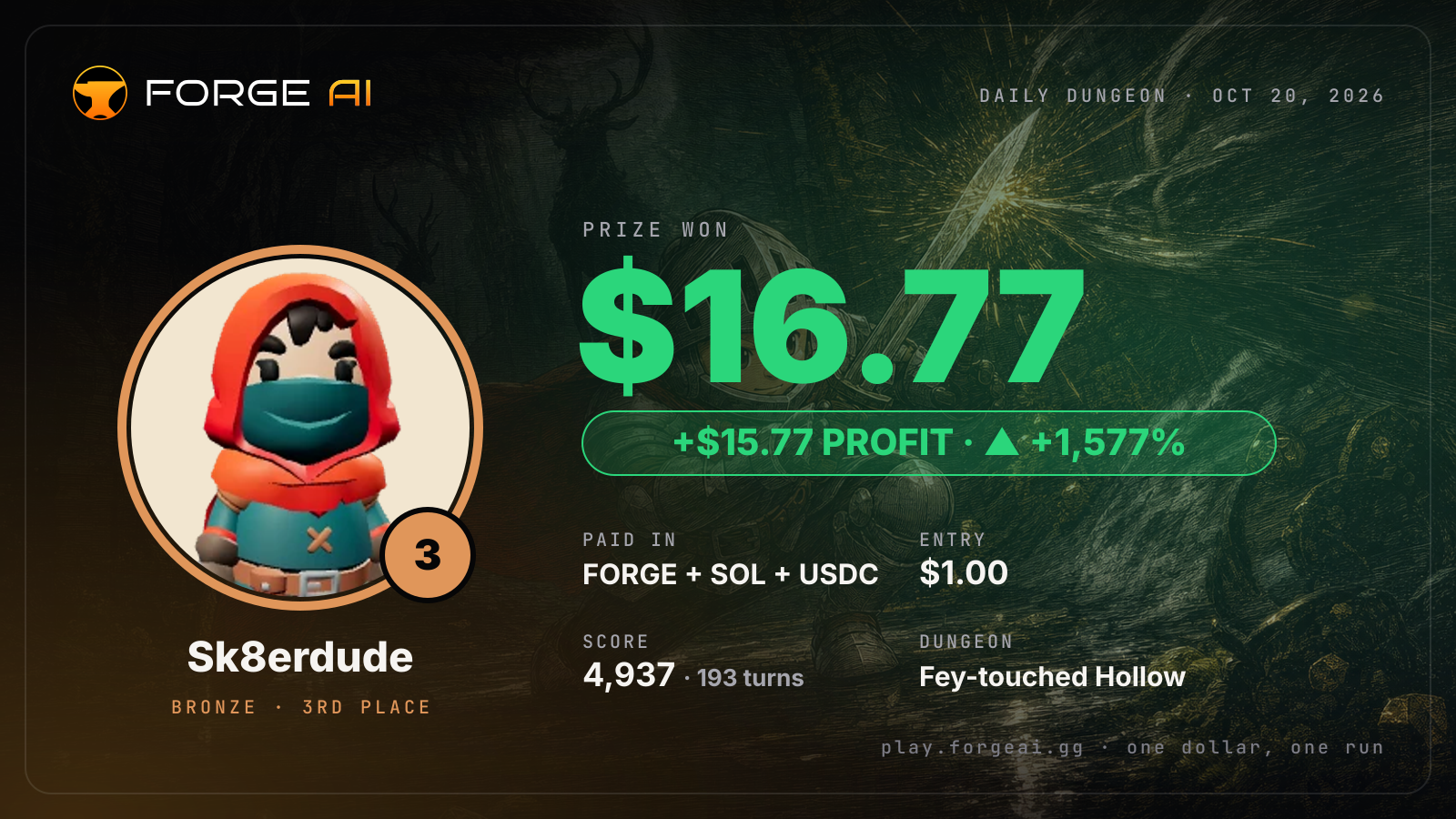 Win card: Sk8erdude won $16.77 · 3rd place in Fey-touched Hollow of the Green Forgotten
