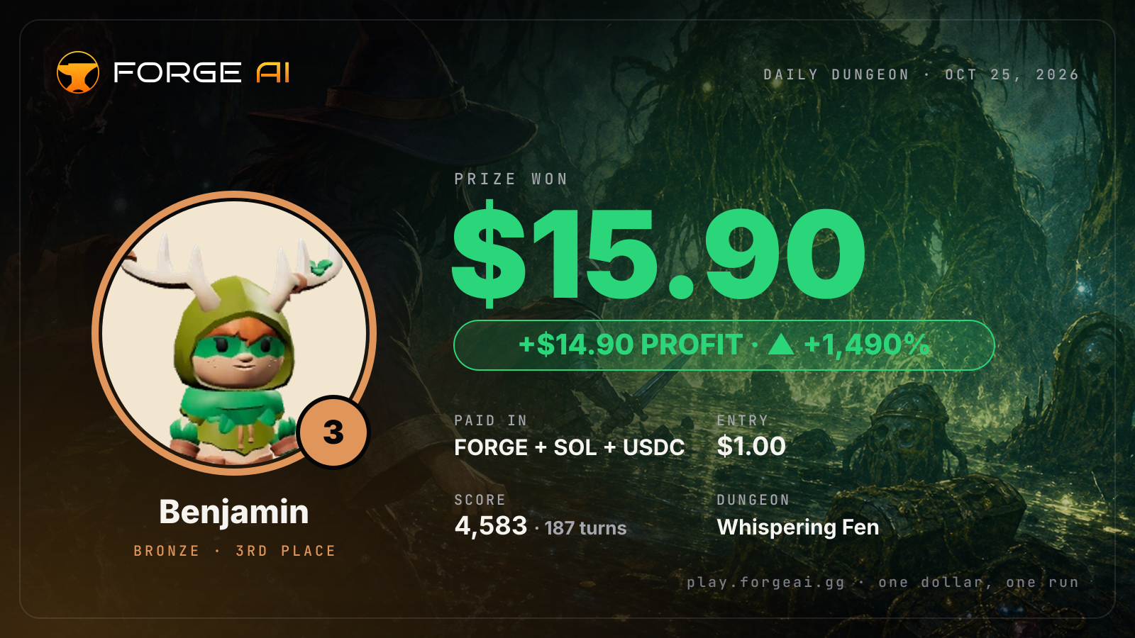 Win card: Benjamin won $15.90 · 3rd place in Whispering Fen of Stilt and Bone