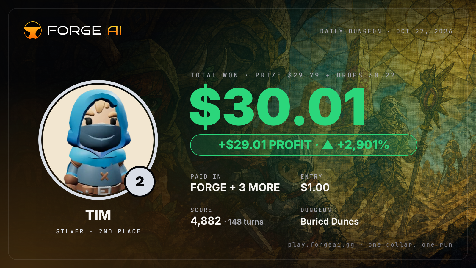Win card: TIM won $30.01 · 2nd place in Buried Dunes of Khar's Long Sleep